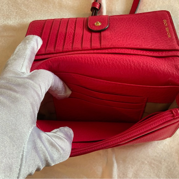 Michael Kors Floral Embellished Pebbled Leather Convertible Crossbody Bag Red - Picture 13 of 16